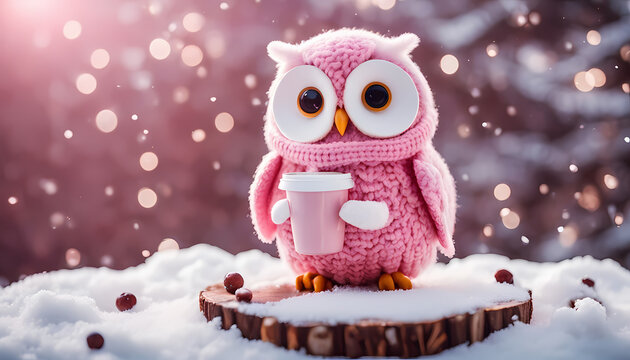Cute pink owl in winter scene holding a warm drink surrounded by snow and bokeh lights near a wooden log Generative AI