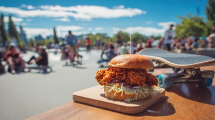 Crispy chicken sandwich on a wooden board at a skate park filled with spectators on a sunny day