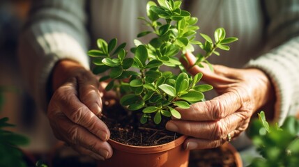 a person's hands gently holding a potted plant with green leaves, weathered and worn hands, soil, terracotta pot, gardening, hands caring for plant, nature, indoor plant, close-up, warm, natural light