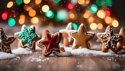 Festive gingerbread cookies shaped like stars and decorated for the holiday season on a wooden table with colorful lights Generative AI