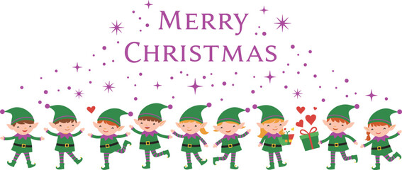 Merry Christmas festive elves dancing together, holiday celebration illustration with gifts, hearts, stars, joy, cheerful cartoon characters, seasonal artwork, whimsical design