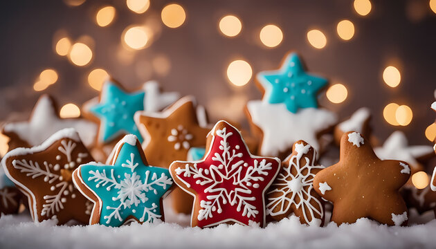 Colorful star-shaped cookies with festive decorations create a cheerful atmosphere during the holiday season Generative AI