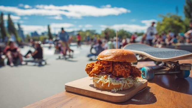 Crispy chicken sandwich on a wooden board at a skate park filled with spectators on a sunny day - Powered by Adobe