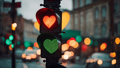 Traffic lights in heart shapes glow in an urban street during evening hours, creating a romantic atmosphere for passersby Generative AI