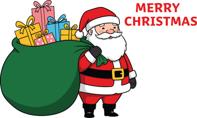 Santa Claus illustration holding green sack of colorful presents with Merry Christmas text, festive holiday artwork, cheerful seasonal celebration design