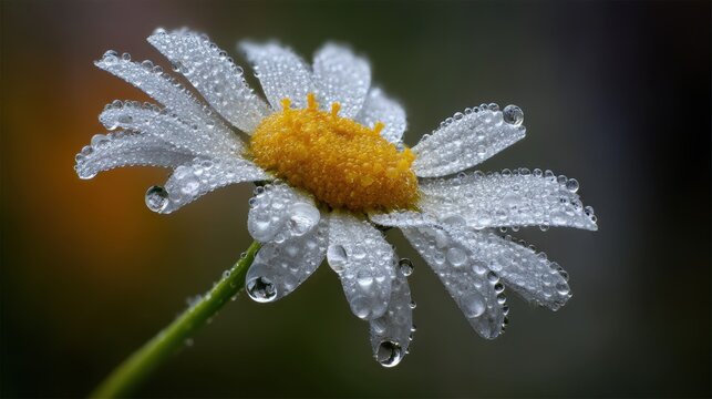 Close-up view of a white daisy covered in water droplets in a vibrant garden setting during early morning light