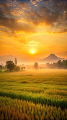 Fototapeta premium Golden sunrise over a vast expanse of sun-kissed rice fields in rural Thailand
