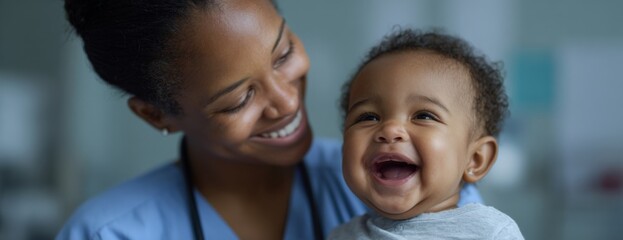 Caring black nurse smiling while holding laughing baby in hospital  