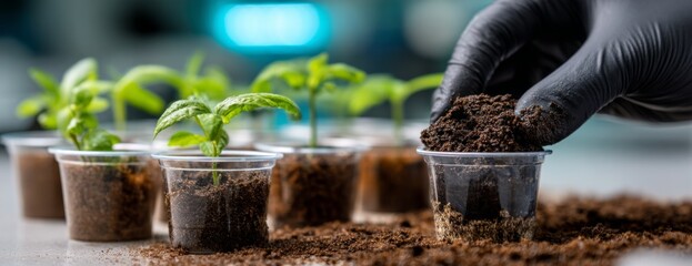 Gardener replanting soil around young plants in clear cups  