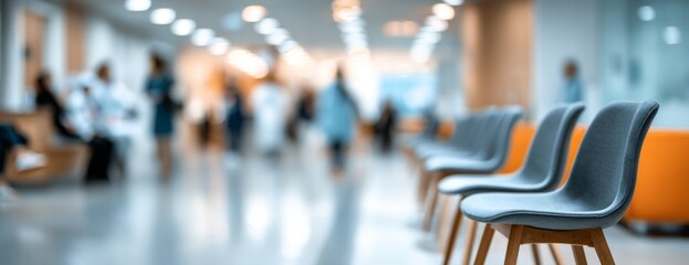 Blurred hospital waiting room with chairs and medical staff in background  