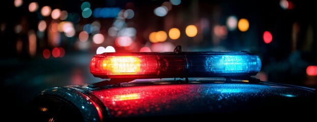 Police car with blue and red lights flashing at night, close-up photo  