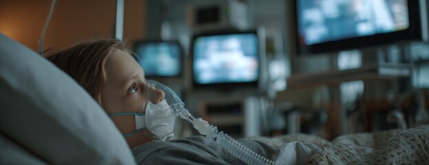 Child receiving treatment in hospital bed wearing oxygen mask  