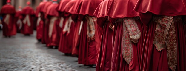 Cardinals dressed in red cassocks walking on cobblestone street, close-up photo  