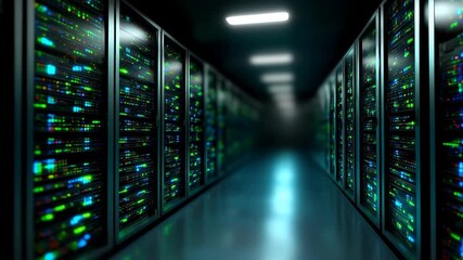 Futuristic server room corridor with glowing data servers and a sleek design for technology visuals - Powered by Adobe