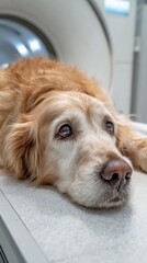 Golden retriever dog lying on examination table with mri scanner in veterinary clinic, vertical photo