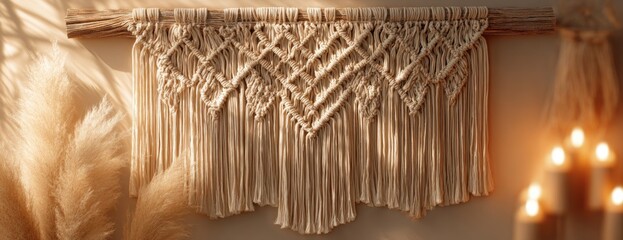 Boho macrame wall hanging with intricate design and warm candlelight background  