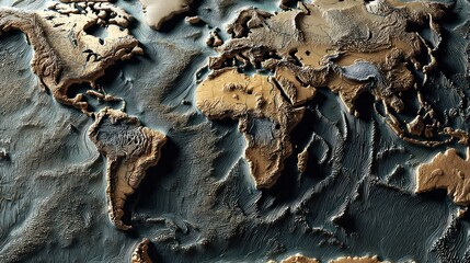 World map depiction with relief and tonal variations against transparent background