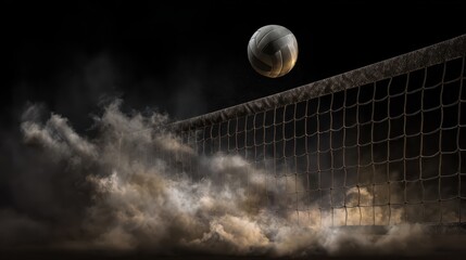 Soccer ball flying over the net in a dramatic scene filled with dust and motion during a nighttime game