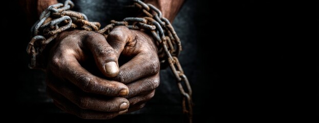 Enslaved black man's hands chained and bound in darkness  