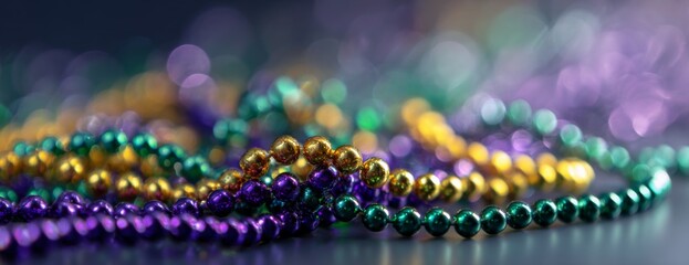Colorful Mardi Gras beads in green, purple, and gold arrangement  