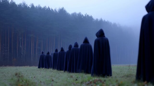 Mysterious figures in dark cloaks walking through foggy forest landscape