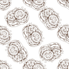 Hand drawn vintage seamless pattern of tomato and lettuce sandwich in monochrome sketch style, isolated vector illustration