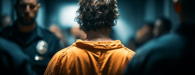 Prisoner in orange jumpsuit being led by police officers in prison