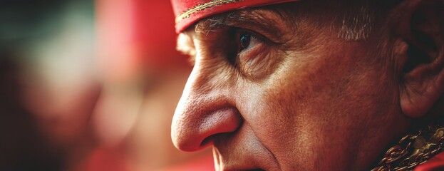 Roman Catholic cardinal with red attire and solemn expression, close-up photo  