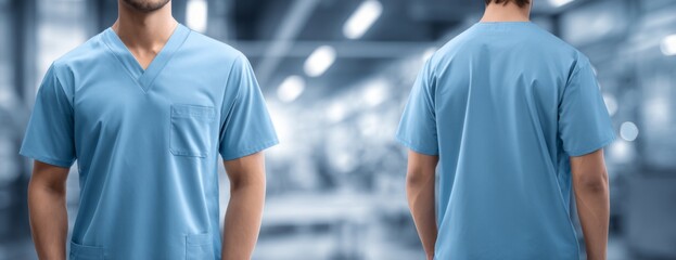 Professional male nurse wearing blue scrubs displayed from front and back in a hospital setting  