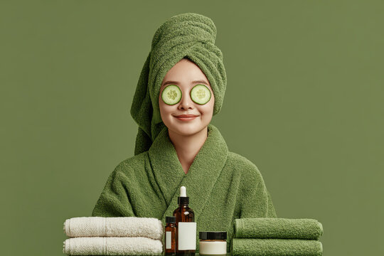 Young woman enjoying a spa treatment at home, relaxing with cucumber slices on eyes, promoting natural beauty and self-care routine