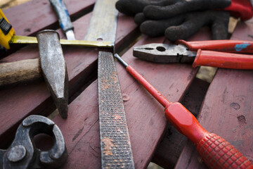 Workshop tools on a workbench, DIY.
