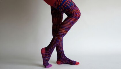Woman's lower body dressed in brightly colored pantyhose featuring an intricate grid pattern, standing against a neutral studio backdrop, avant-garde fashion shoot faceless