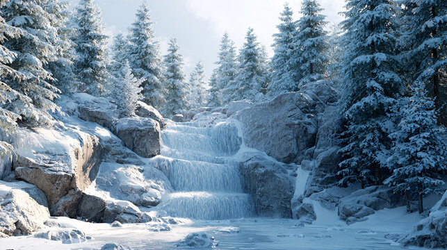 Christmas icy waterfall in mountain forest  - Powered by Adobe