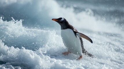 Gentoo penguin wades through rough ocean waves near icy shores under a cloudy sky in Antarctica