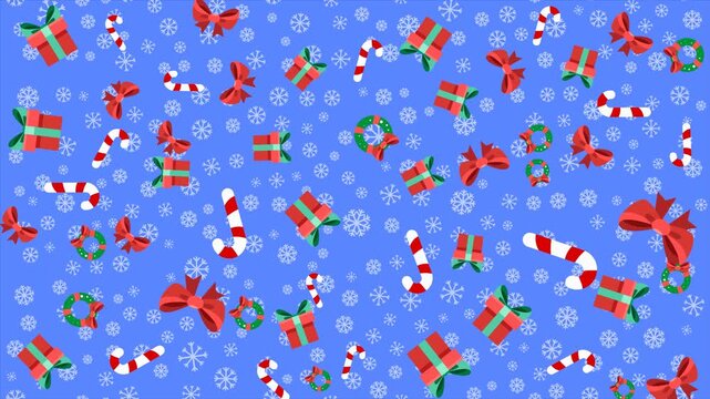 4k animated of seamless christmas pattern featured cute icon of giftbox, candy stick, wreath and other with snow falling on blue background.