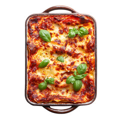 Homemade Italian lasagna baked with cheese, pasta layers, tomato sauce, and fresh basil leaves served in casserole dish