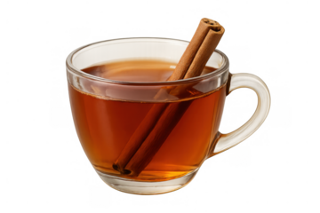 Hot tea in a clear glass mug with cinnamon sticks, offering a comforting and spiced warm beverage on a transparent background
