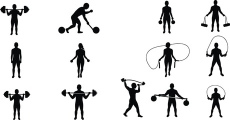 Silhouette collection of people exercising with barbells and jump ropes — fitness, gym, workout, strength, and cardio training poses