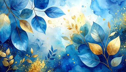 Watercolor art of leaves in blue hues and gold accents, creating a dreamy, ethereal feel