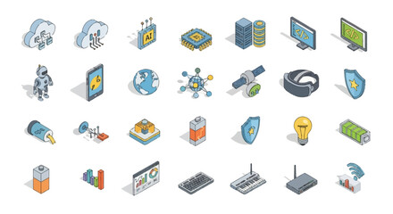 Explore innovative technology solutions and futuristic concepts with these modern isometric icons for your designs