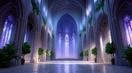 Naklejka premium Gothic Cathedral Interior With Arched Windows, Columns, Plants And Light. Fantasy Architecture, Religion, Solitude And Awe-Inspiring Space