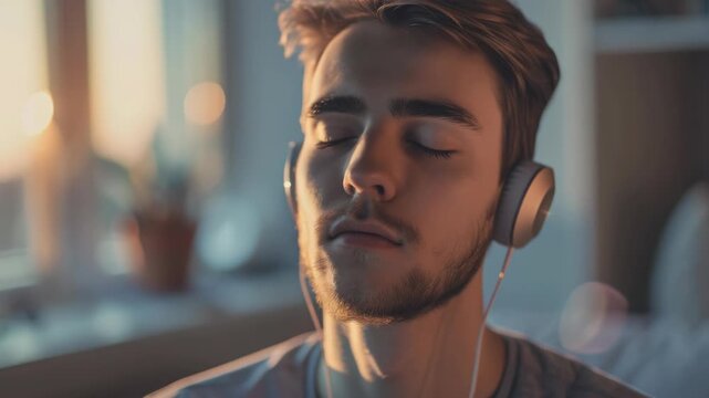A young man with headphones on his ears and eyes closed, seemingly enjoying music or in a deep trance state. He is indoors, sitting comfortably in a relaxed posture.