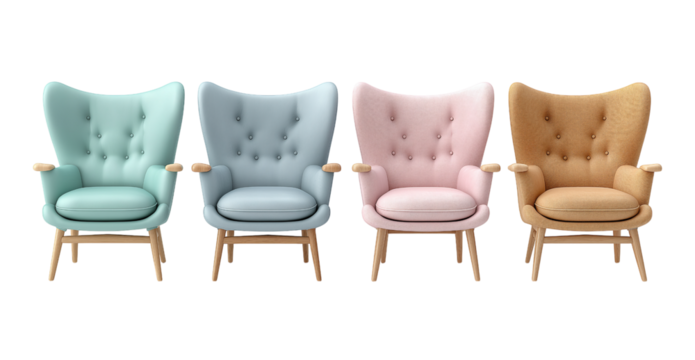 Set of Four Stylish Wingback Armchairs in Pastel Colors isolated on transparent background