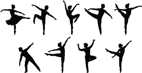 Silhouette of ballet dancers performing elegant poses, graceful movement, classical dance, art expression, flexibility, balance, and beauty in motion