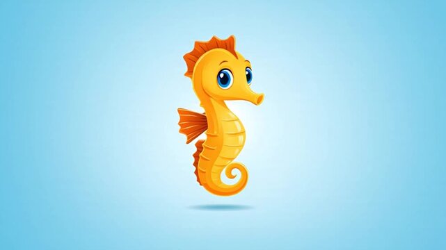 Cartoon seahorse with orange body and fins on blue background.