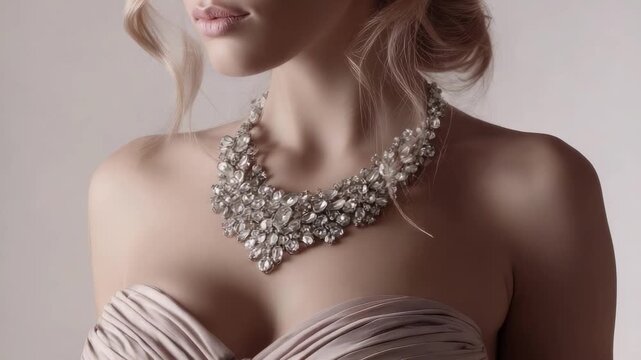A woman in a blush strapless gown wears a dramatic, sparkling diamond necklace.