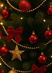 Naklejka premium Festive Christmas tree decorations wallpaper.