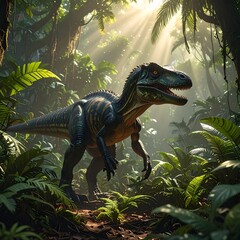 Large dinosaur creature walking through a lush green jungle scene