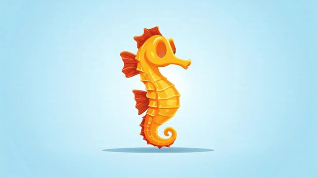 Cartoon seahorse with orange fins on a blue background.