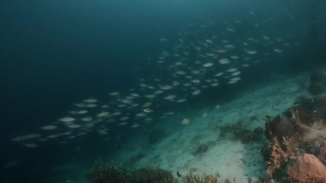 underwater scenery of schooling of fishes in the blue water